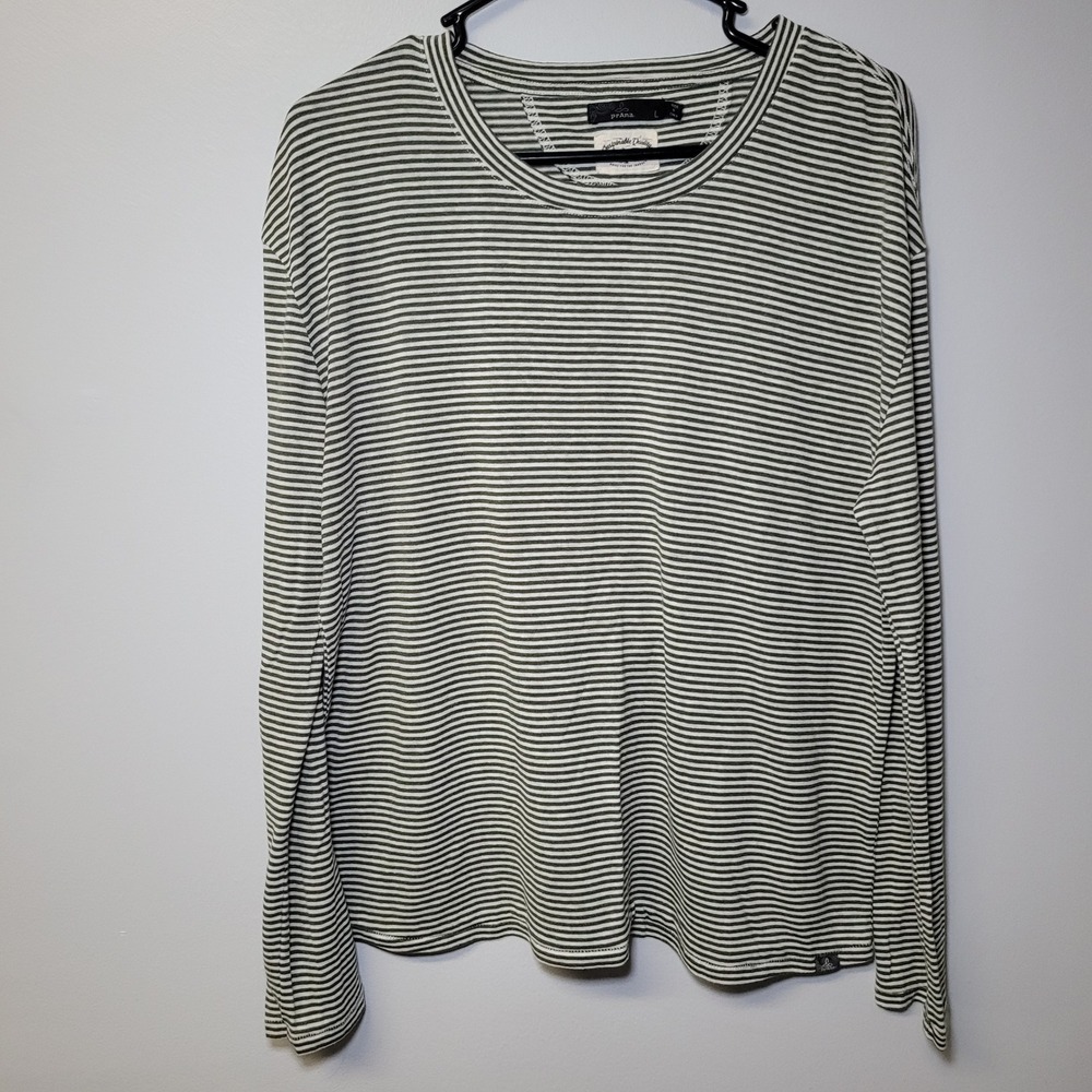 Prana Green Stripe Shirt Womens Large Long Sleeve Crewneck Tee